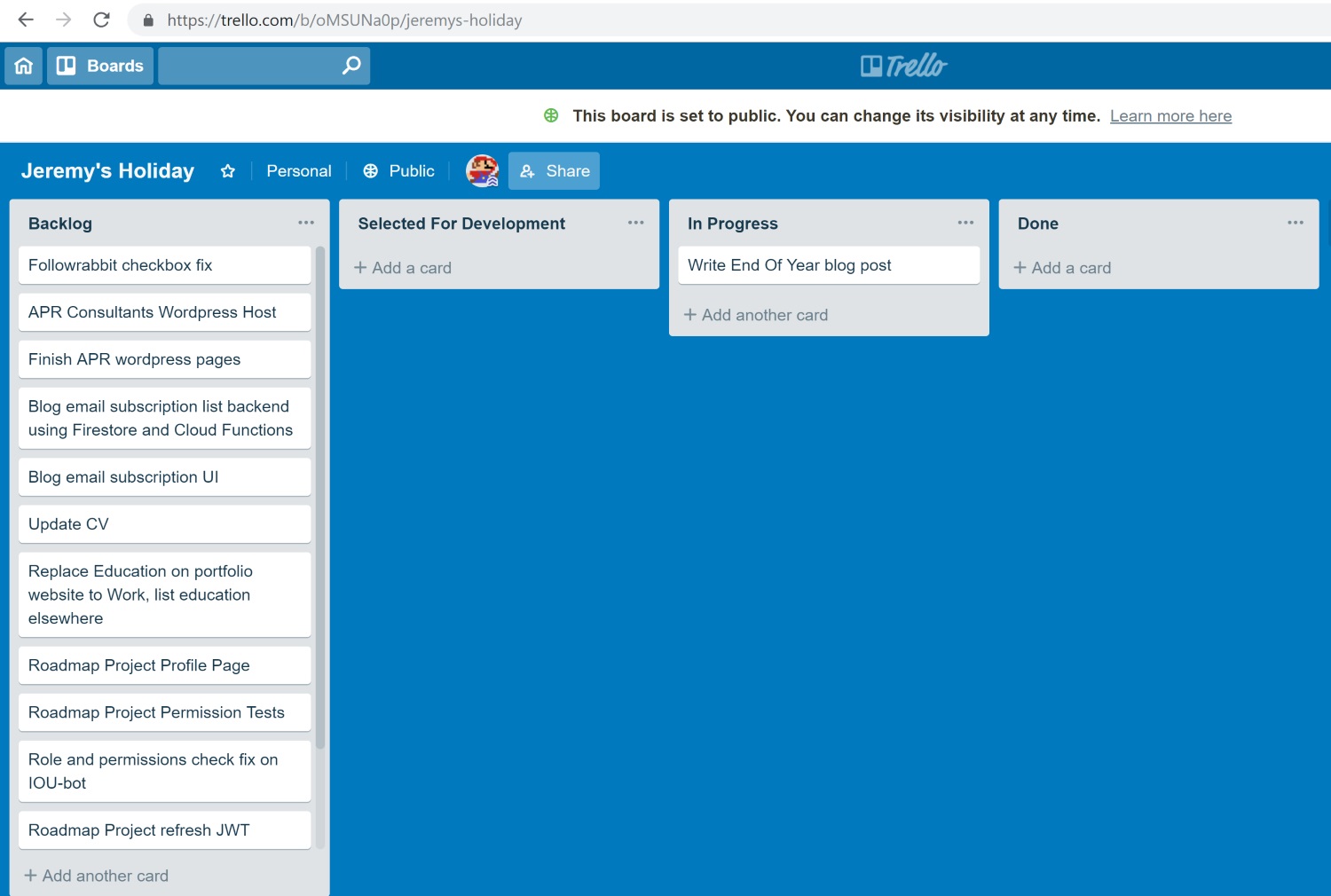 Trello personal christmas break projects screenshot