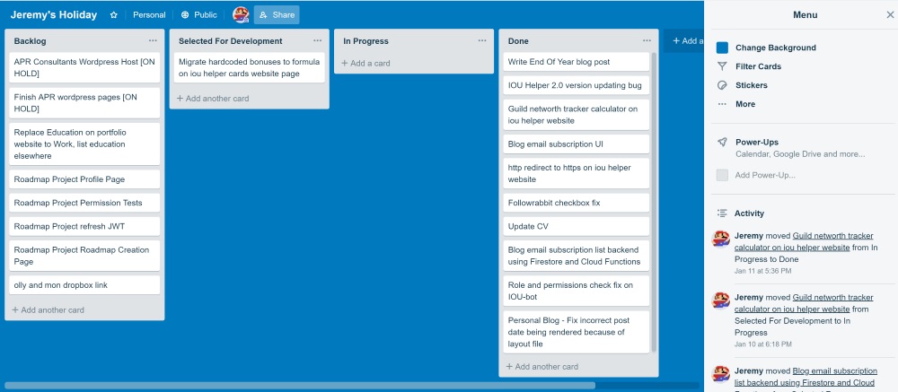 Post Christmas break Trello projects screenshot